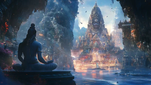 Meditating deity overlooks luminous sacred mountain temple.