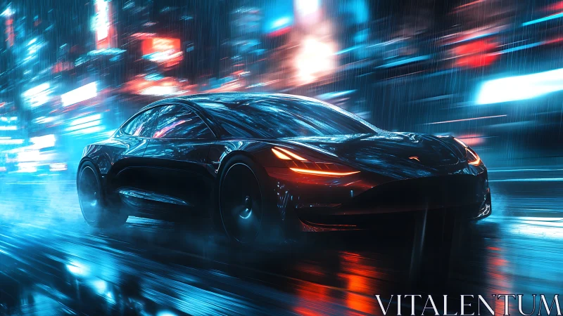Futuristic electric coupé accelerates through neon-soaked rain