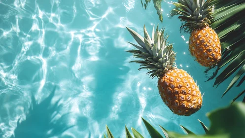 Sunlit pineapples drift across turquoise rippled pool water