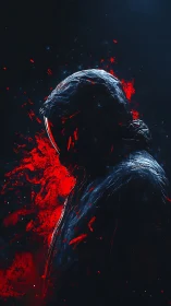 Hooded silhouette against red cosmic splatter field.