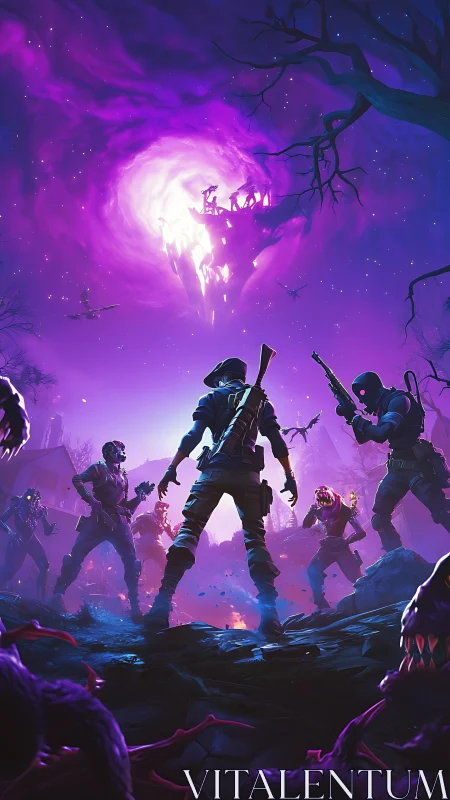 Armed survivors confront glowing portal in haunted wasteland.