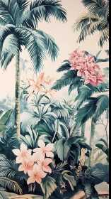Whispering palm grove with blushing jungle blossoms poised.