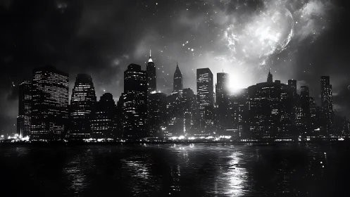 Noir metropolitan skyline under lunar backlight in rain.