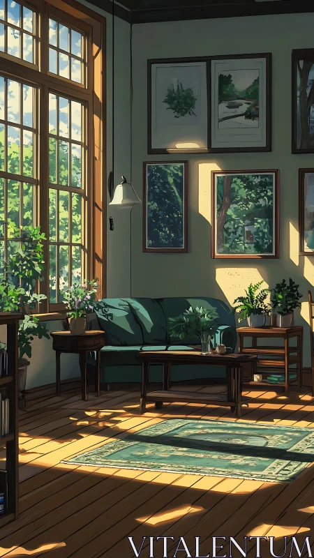 Sunlit botanical lounge with analytic lighting geometry.