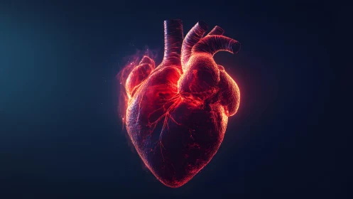 Glowing Human Heart in Digital Art Style on Dark Background.