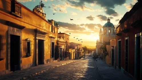 Colonial hillside street glows under a luminous sunset sky.
