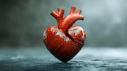 Realistic Human Heart Model on Stone Surface, Dramatic Lighting.