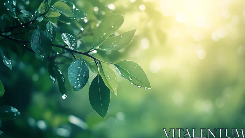 Morning raindrops resting on sunlit garden leaves.