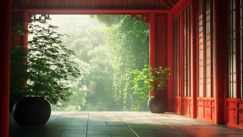 Sunlit red veranda with potted foliage and volumetric forest haze
