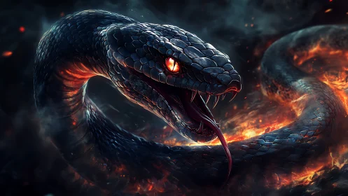 Fiery black serpent with glowing eyes and open fanged maw.