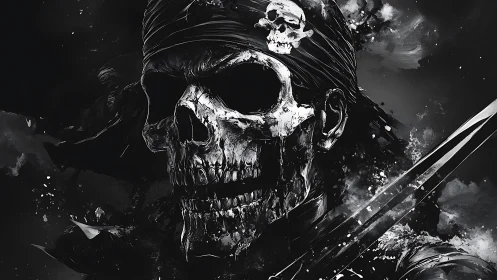 Skull-faced pirate figure is rendered in monochrome profile