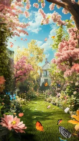 Butterflies drift through a lush spring garden toward home