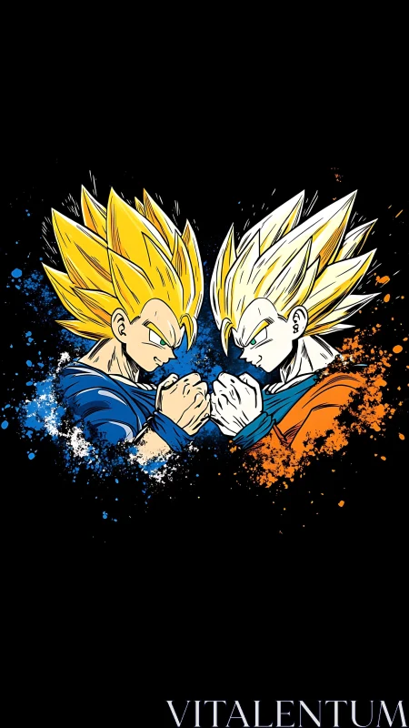 Super saiyan rivals locked in intense power standoff.
