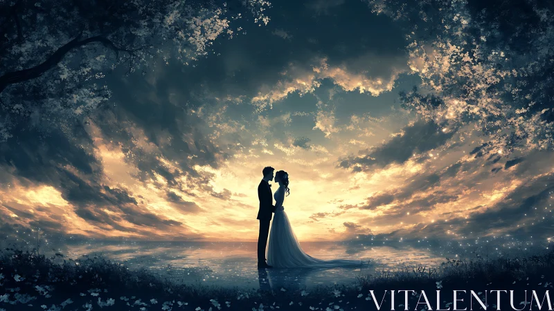 Couple's Silhouette Embraces Beneath Dramatic Golden Sunset
