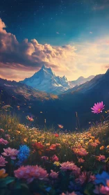 Wildflower valley dreams upward toward a starlit ice peak