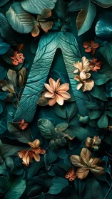 Botanical letterform A with teal foliage and floral contrast.