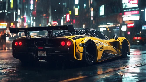 Yellow hypercar idles in neon-soaked rain on urban night street