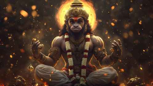 Divine Hanuman meditation under radiant golden aura.