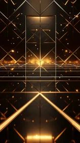 Golden gateway hums softly inside a mirrored neon prism
