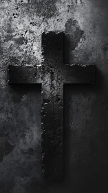 Black textured cross on rough concrete wall background.