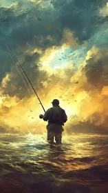 Solitary fisherman under stormlit golden seascape sky.