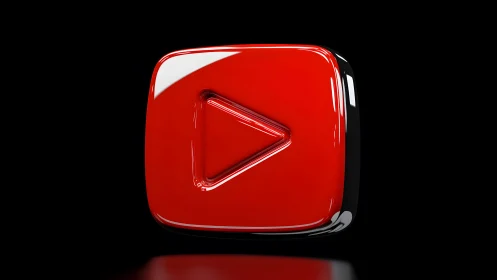 Glossy 3D Red Play Button Icon on Black Background, Modern Style.