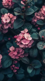 Pink Blooms in Deep Teal Foliage. Nature Photography.