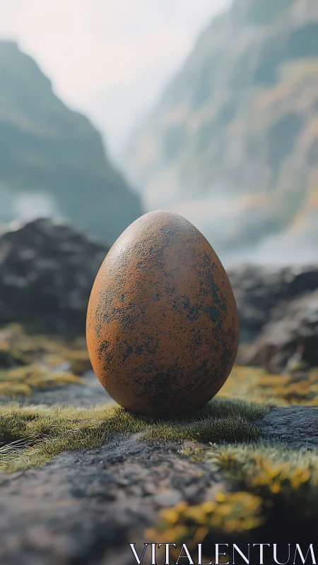 Solitary speckled egg rests quietly in misty mountain valley