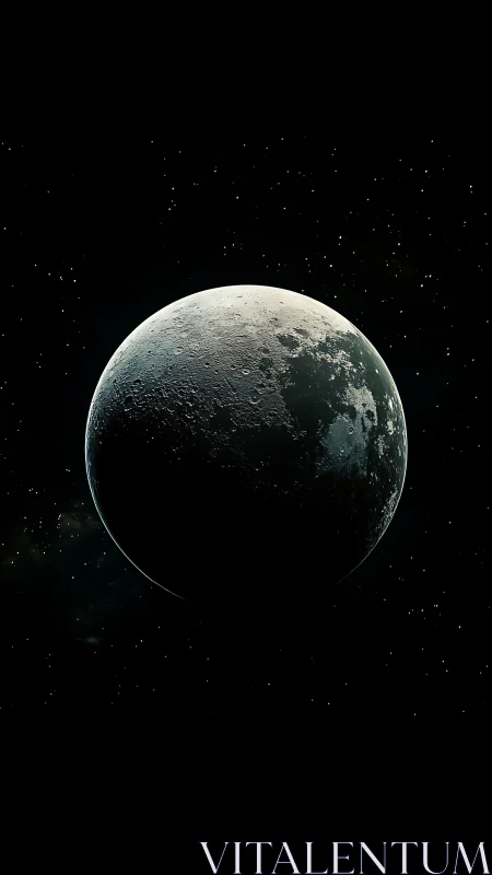 Half-illuminated cratered moon against deep space field.