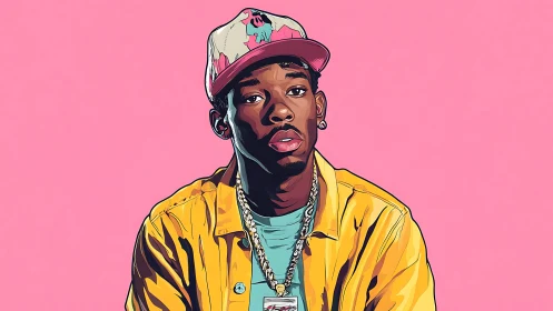 Colorful digital portrait of young man in yellow jacket.