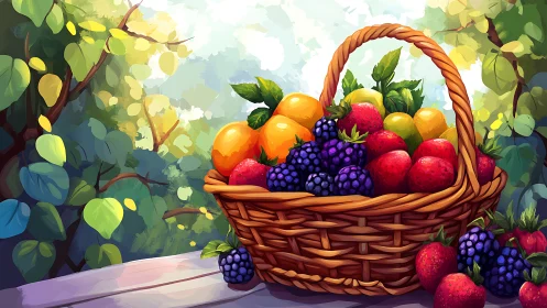 Sunlit berries and citrus gossip quietly in a wicker basket