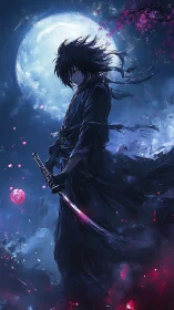 Moonlit anime swordsman in flowing dark robes, glowing blade.