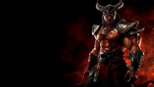 Horned warlord smolders in molten-shadow battlefield blaze.