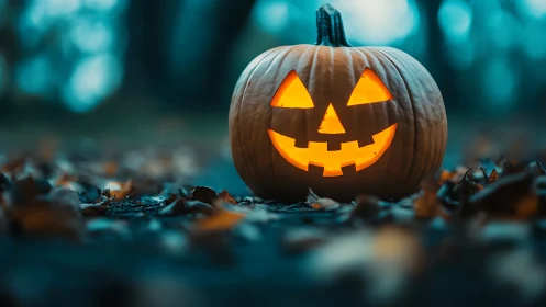 Carved jack-o-lantern sits illuminated on leaf-covered ground