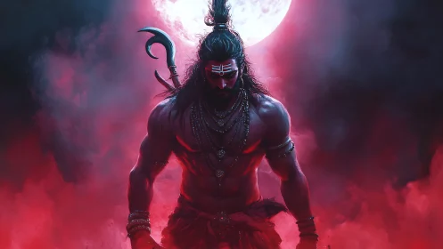Warrior ascetic under blood moon in glowing crimson mist.