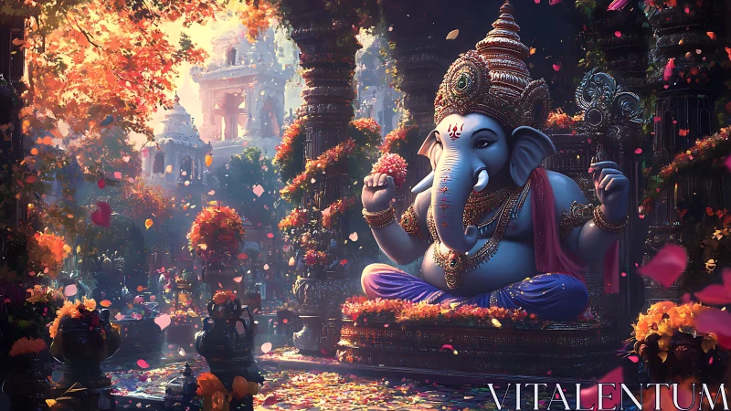 Ganesha deity seated in ornate temple courtyard with petals.