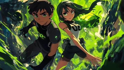 Greenlit duo dive through neon jungle chaos in sync.