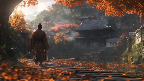 Autumn temple path where a lone traveler drifts toward calm.