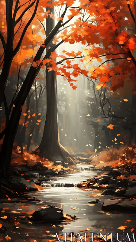 Autumn Forest Stream with Cascading Leaves.