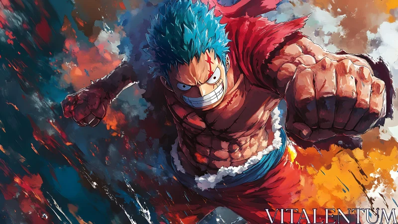 Fierce blue‑haired brawler lunges through blazing paintstorm.
