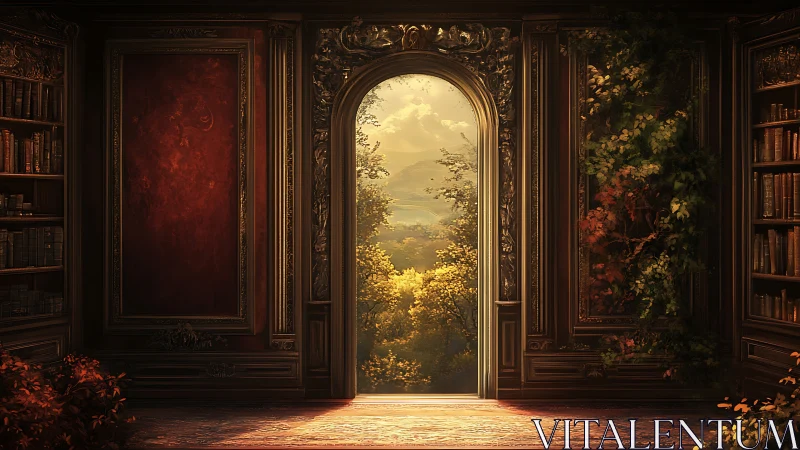 Sunlit archway unites baroque library interior and valley view