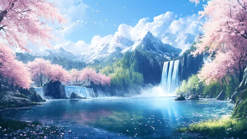 Cherry blossom cascades embrace crystalline mountain lake.