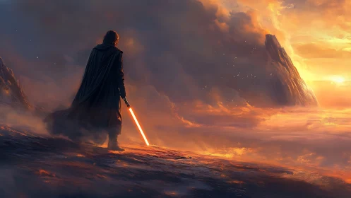 Cloaked warrior with plasma blade on molten dusk plateau