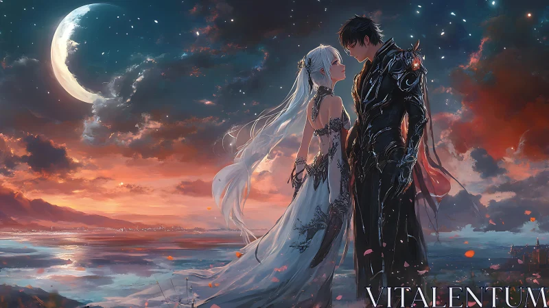 Moonlit vows between starlit bride and shadowed knight.