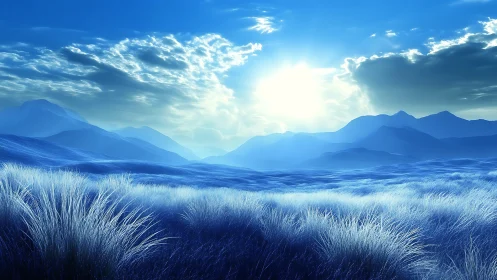 Luminous blue sunrise washes over frosted mountain plains