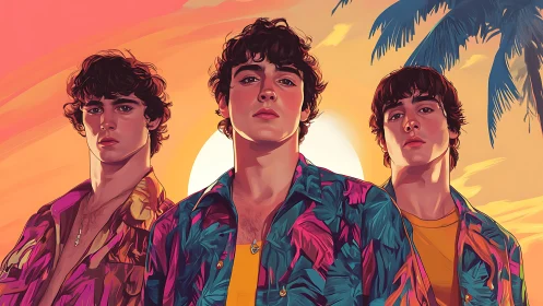 Digital painting portrait triptych in neon tropical sunset light.