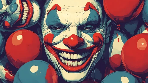 Sinister clown portrait amid saturated red and blue balloons