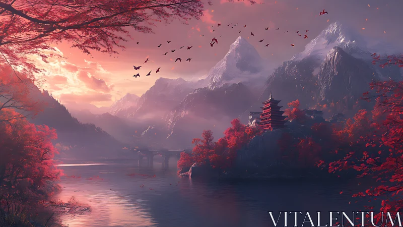 Crimson mountain temple at dusk beside reflective river.