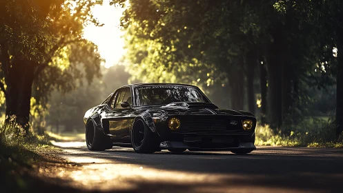 Low-slung widebody muscle coupe under dappled forest sunlight.