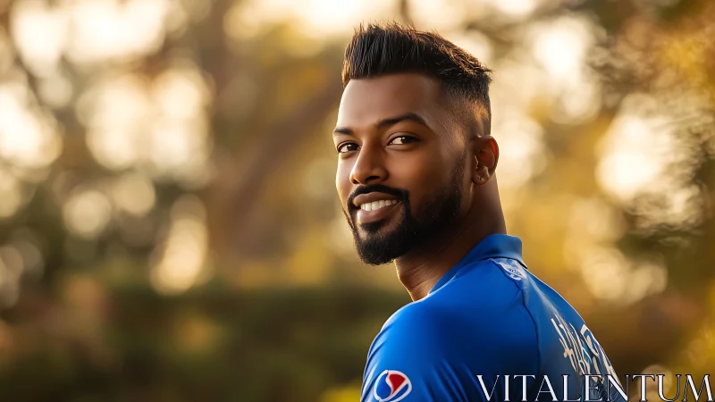 Sunlit sportsman turning back with a confident dusk smile.